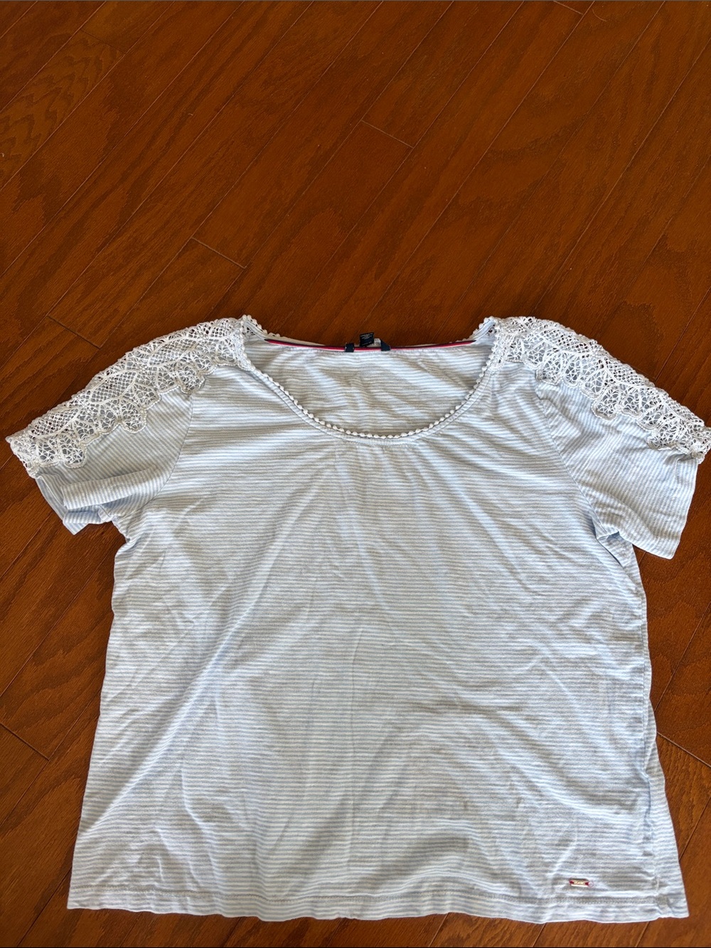 Tommy Hilfiger Light Blue and White Striped Lace Shoulder Short Sleeve Tee